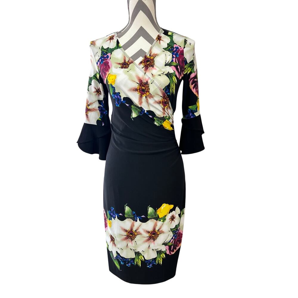 Joseph Ribkoff Black Floral Wrap Sheath V Neck 3/4 Bell Sleeve Dress Size 4